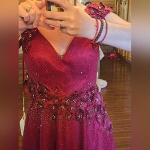 Bespoke Mac Duggal Burgandy Flower Emblished Texture Dress